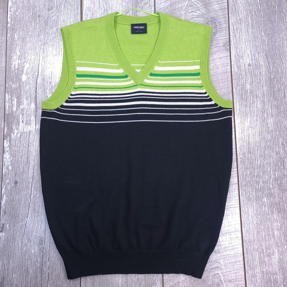 Galvin Green Sweater Vest Mens Large Black Lime Green Striped Wool Blend Golf